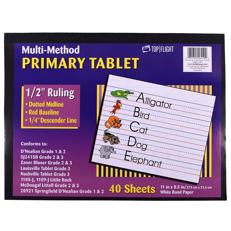 Top Flight Multi-Method 3rd Grade Primary Tablet, 1/2 Inch Ruling, Bond Paper, 11 x 8.5 Inches, 40 Sheets (56419), White - Image 1